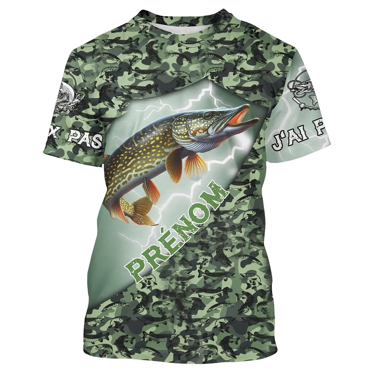 T-shirt all-over pêche brochet humour camouflage forêt prénom personnalisé J'peux pas j'ai pêche, vue de face