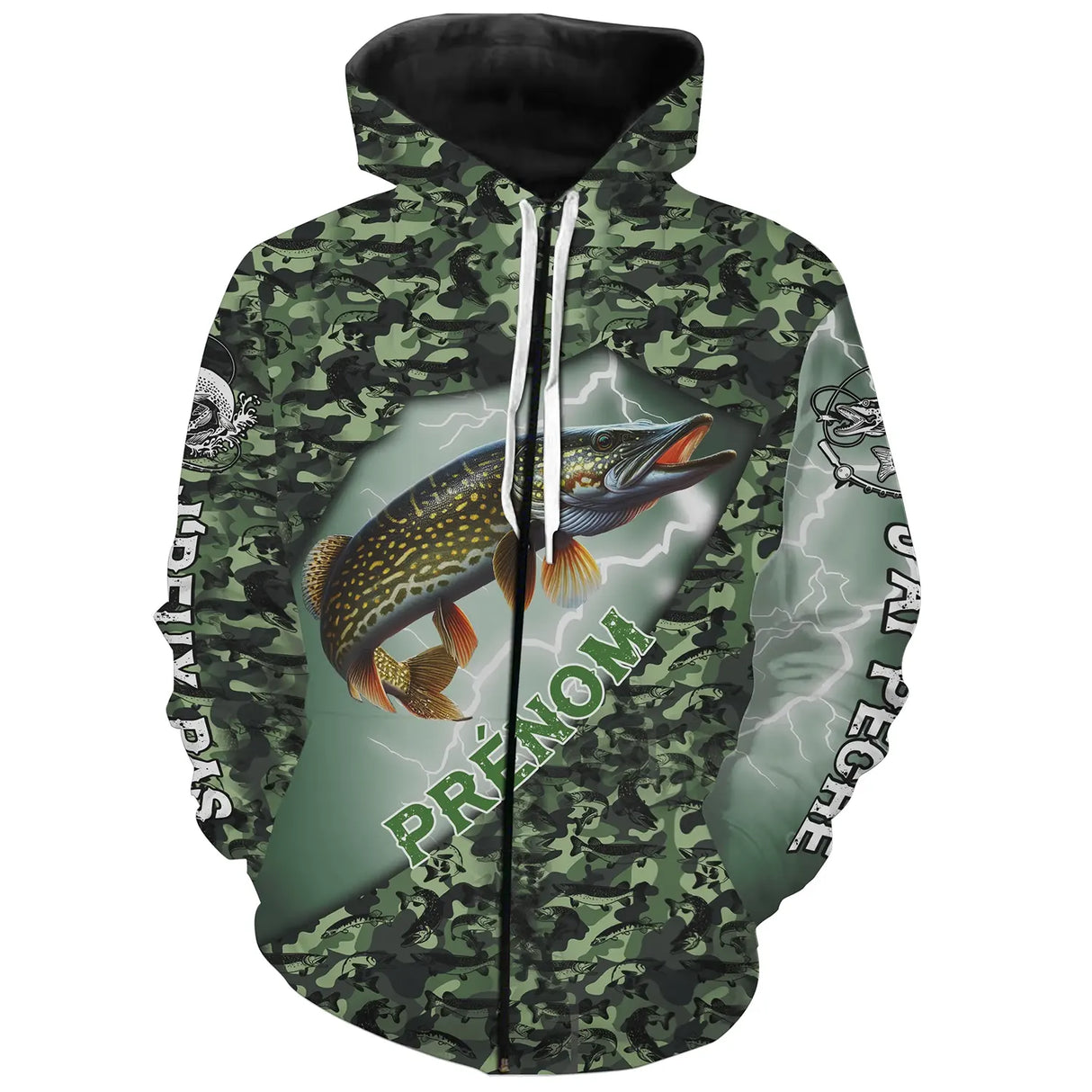 Sweat à capuche zippé all-over brochet humour camouflage prénom personnalisé