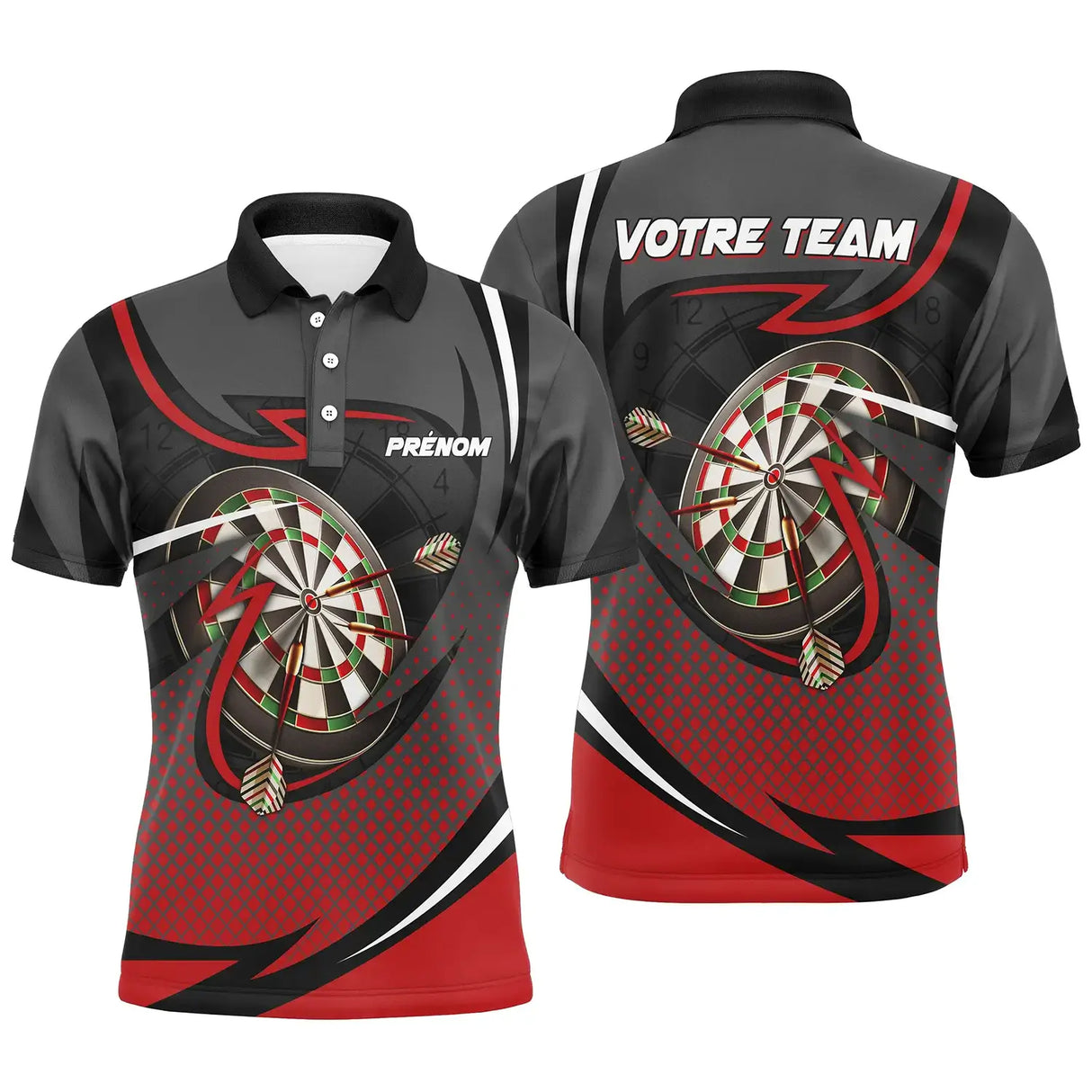 Polo fléchettes bleu et blanc homme avec cibles dynamiques Strike Vif, prénom et équipe personnalisés