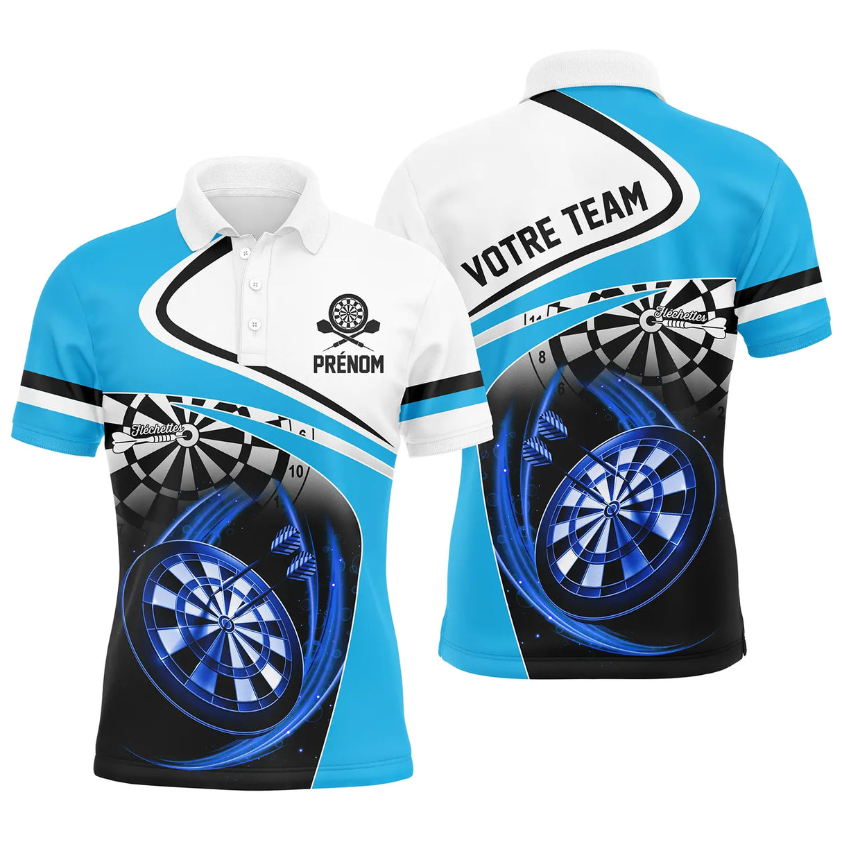 Polo fléchettes blanc et turquoise homme avec cibles Performance, prénom et équipe personnalisés