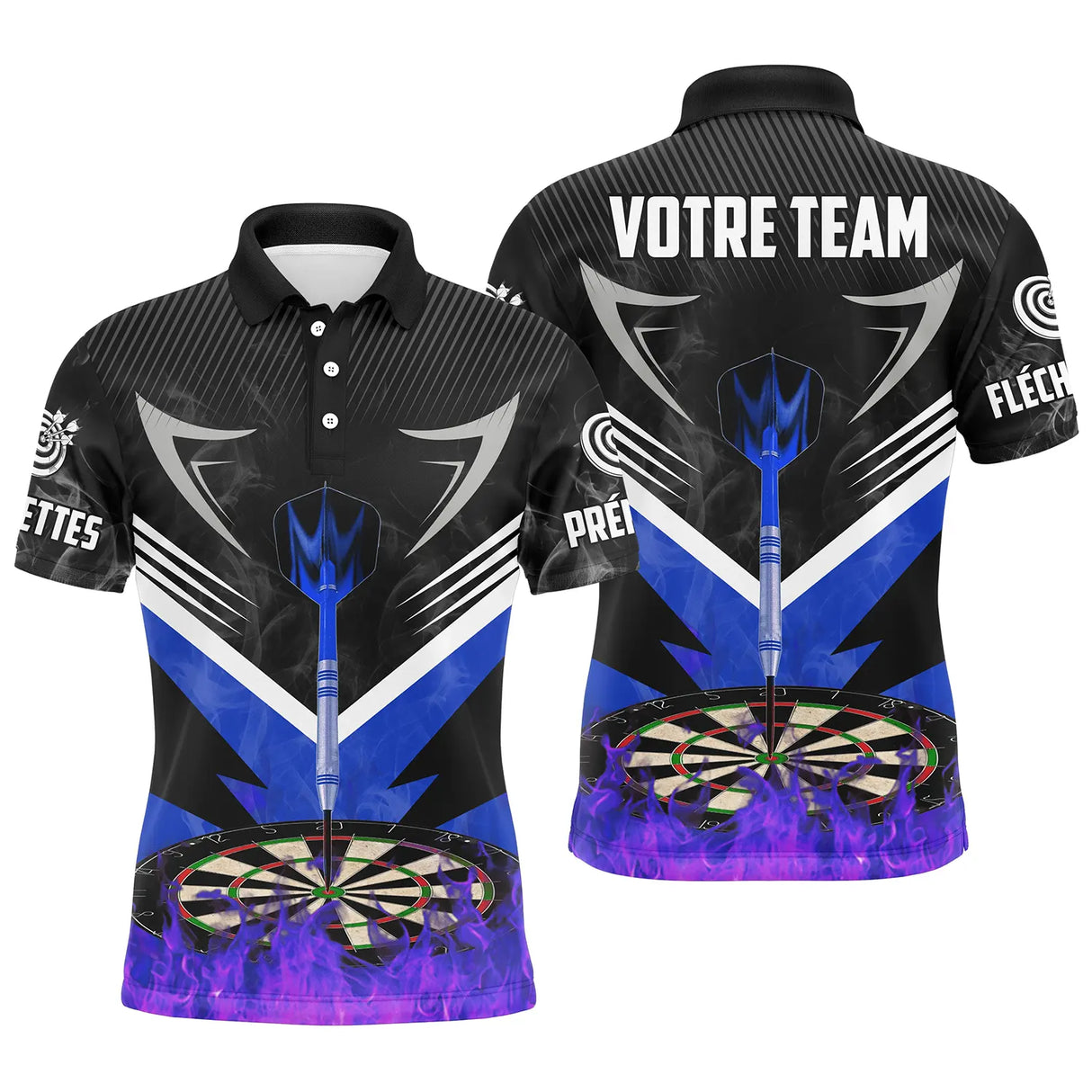Polo fléchettes noir bleu violet homme avec couronne et cibles Élan, prénom et équipe personnalisés