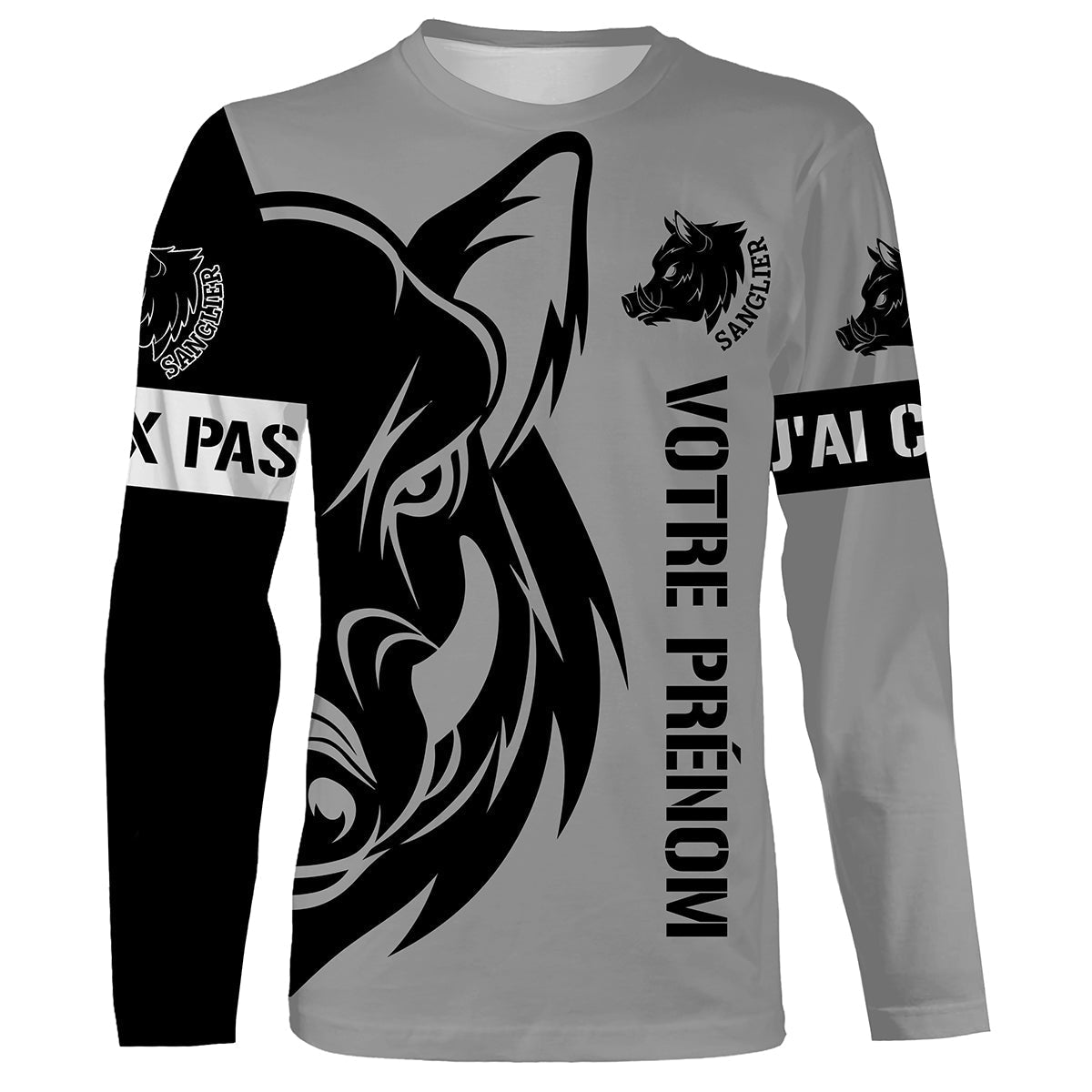 T-shirt manches longues chasse sanglier all-over gris motif sanglier tribal noir humour battue chasseur prénom