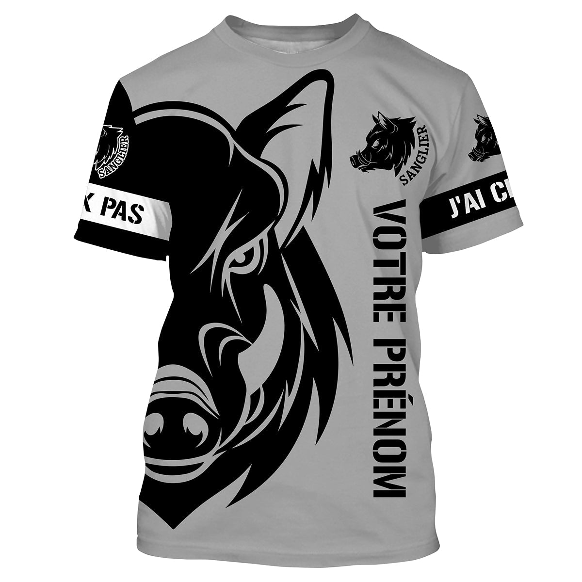 T-shirt chasse sanglier all-over gris motif tête sanglier tribal noir message J'peux pas j'ai chasse prénom personnalisé