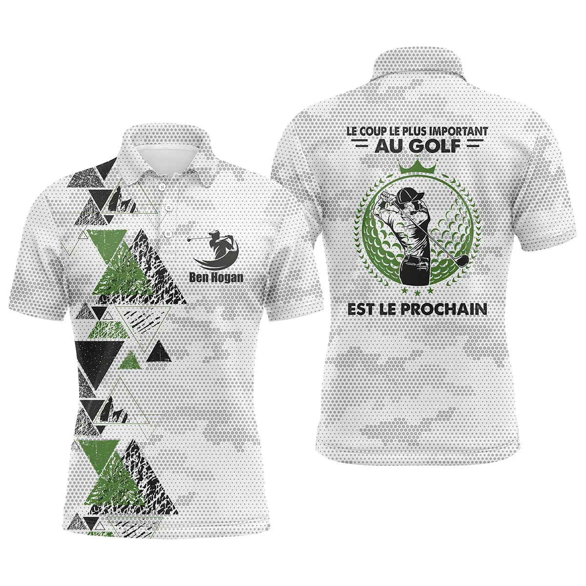 Polo golf homme blanc camouflage géométrique vert épaule médaillon Ben Hogan citation coup le plus important