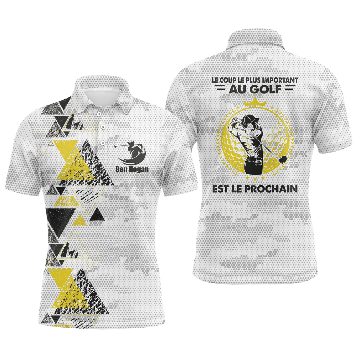 Polo golf homme bleu clair camouflage géométrique épaule médaillon Ben Hogan citation coup le plus important