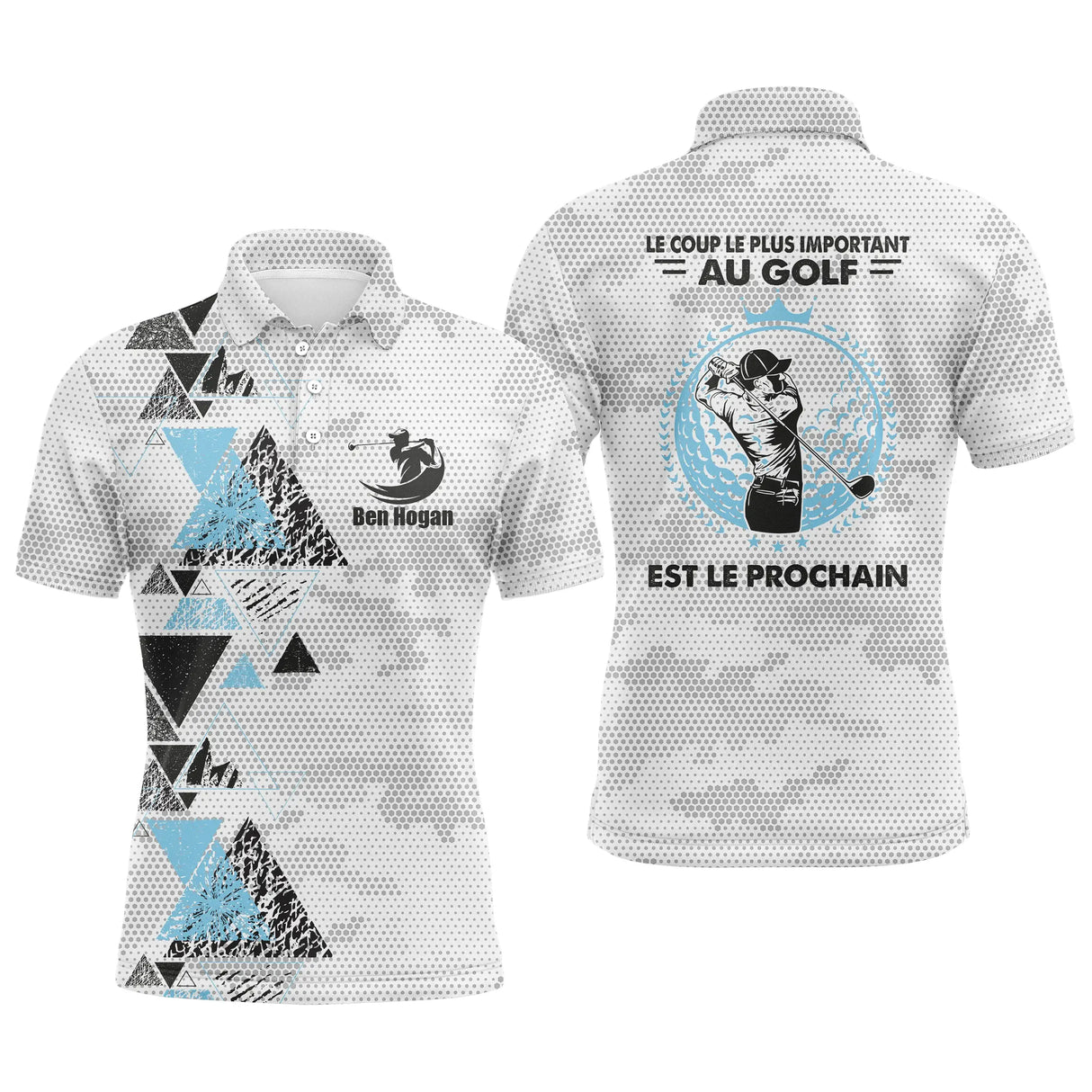 Polo golf homme jaune lumineux camouflage géométrique épaule médaillon Ben Hogan coup plus important