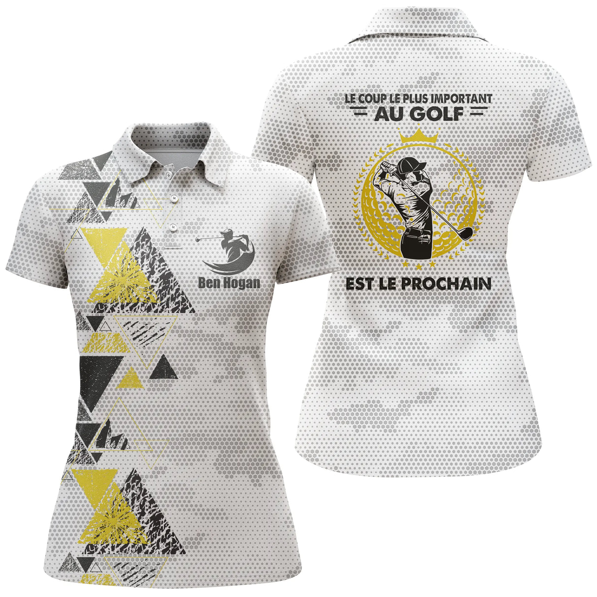 Polo golf femme bleu clair camouflage géométrique médaillon Ben Hogan citation coupe cintrée tissu respirant