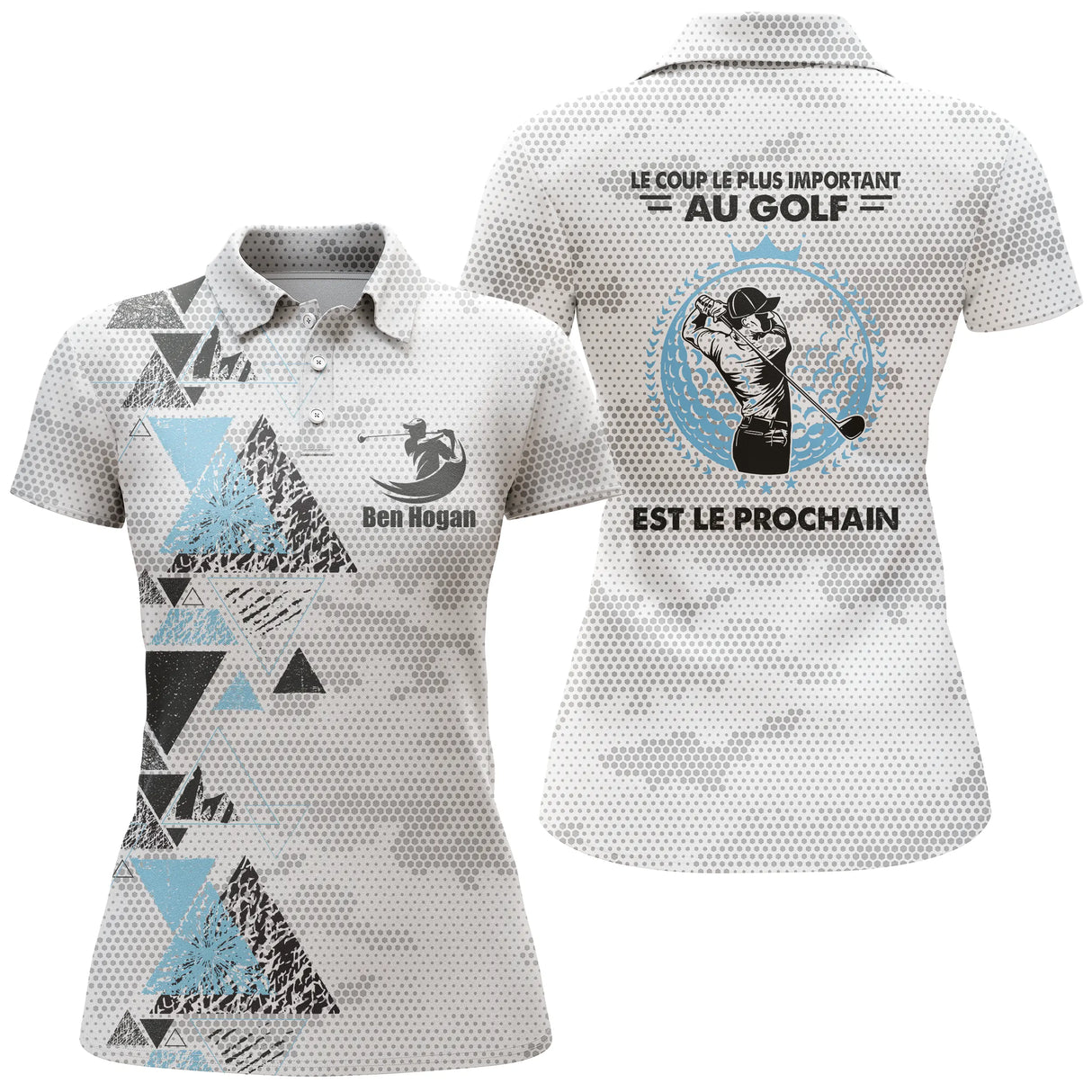 Polo golf femme jaune lumineux camouflage géométrique médaillon Ben Hogan citation coupe cintrée tissu respirant