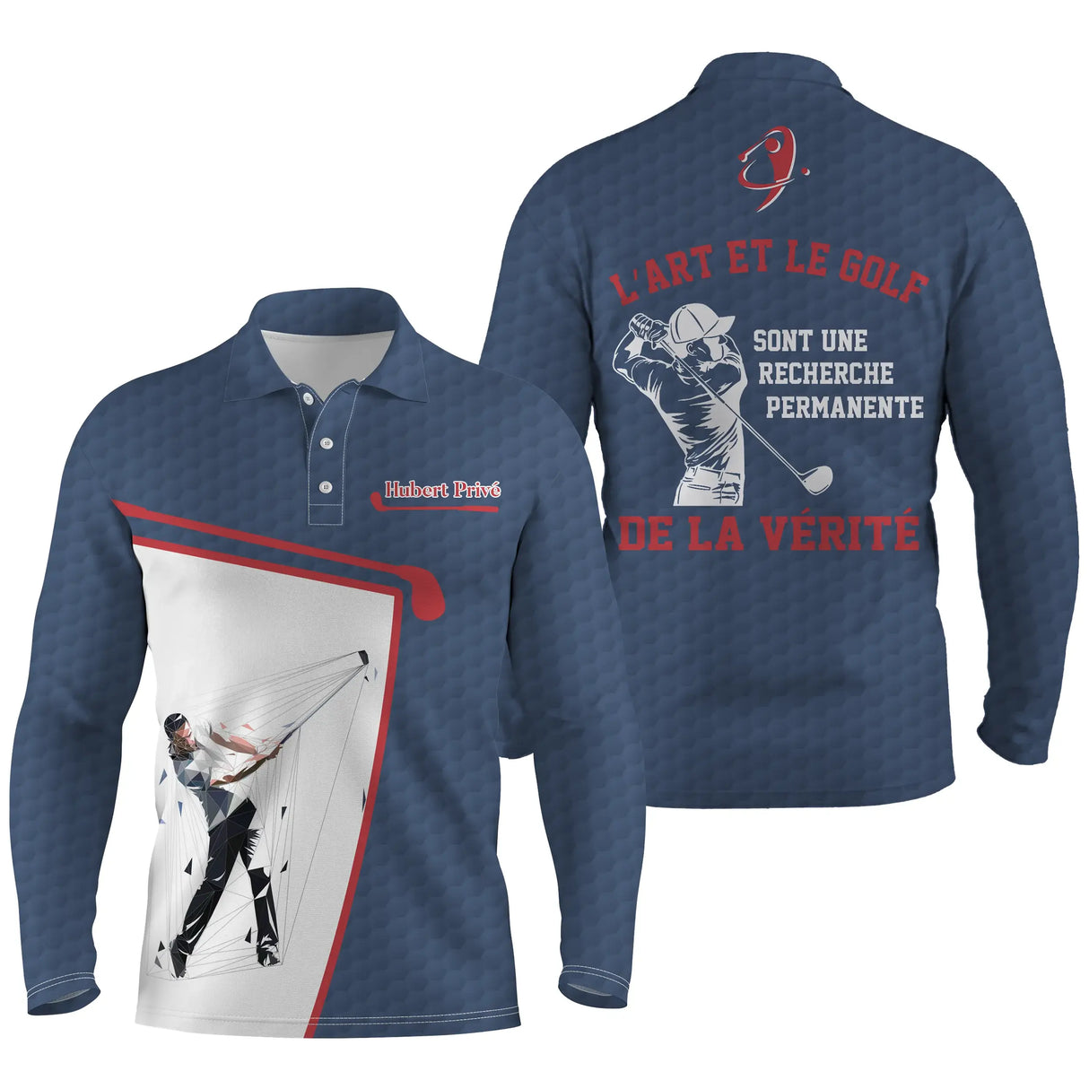 Polo manches longues golf unisexe bleu marine insert blanc silhouette golfeur citation art vérité tissu respirant