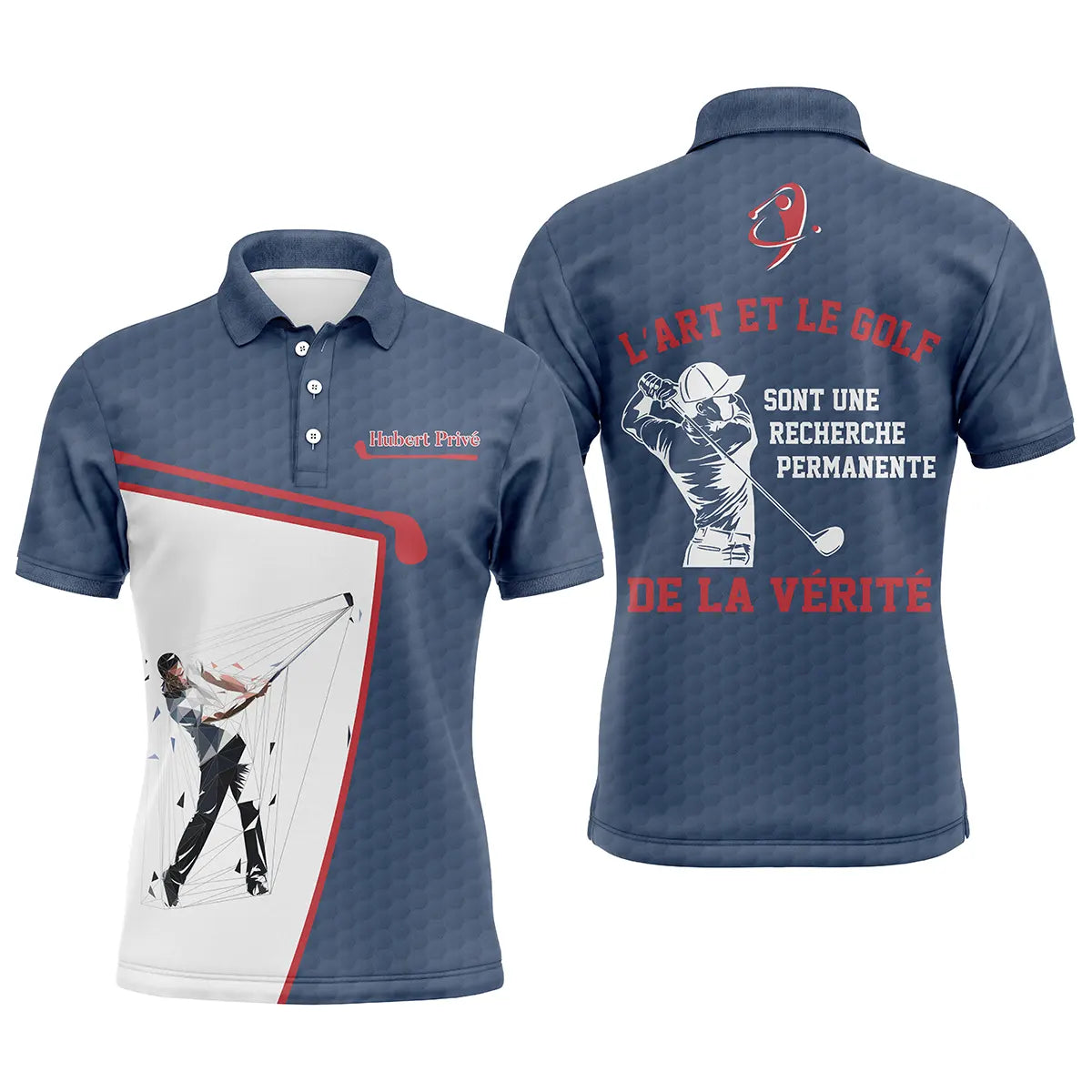 Polo golf homme bleu marine insert blanc balle de golf silhouette golfeur swing accents rouges citation art vérité prénom