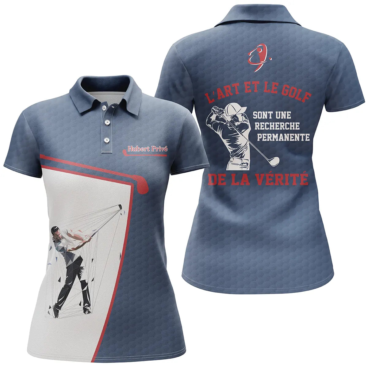 Polo golf femme bleu marine insert blanc silhouette golfeur swing citation art vérité coupe cintrée tissu respirant
