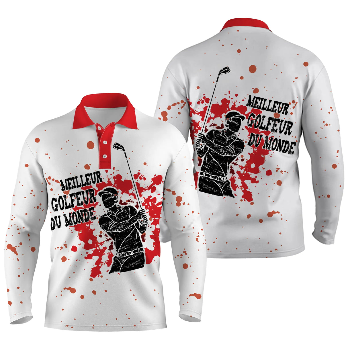 Polo manches longues golf unisexe blanc éclaboussures rouge silhouette golfeur slogan Meilleur Golfeur tissu respirant