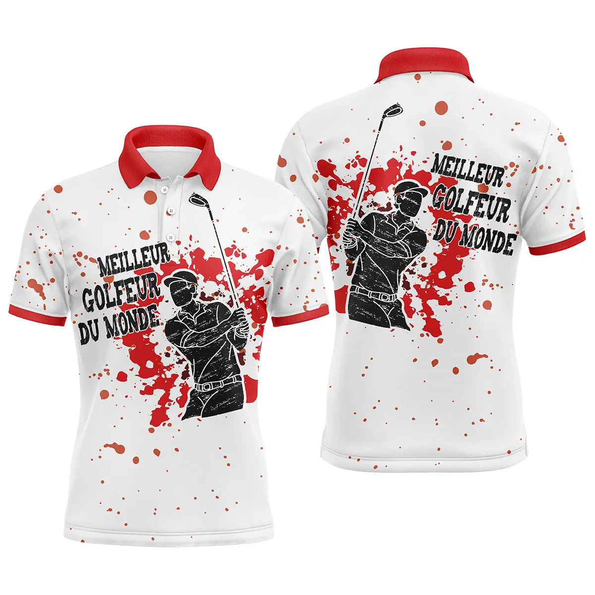 Polo golf homme blanc éclaboussures rouge écarlate silhouette golfeur swing slogan Meilleur Golfeur du Monde col rouge