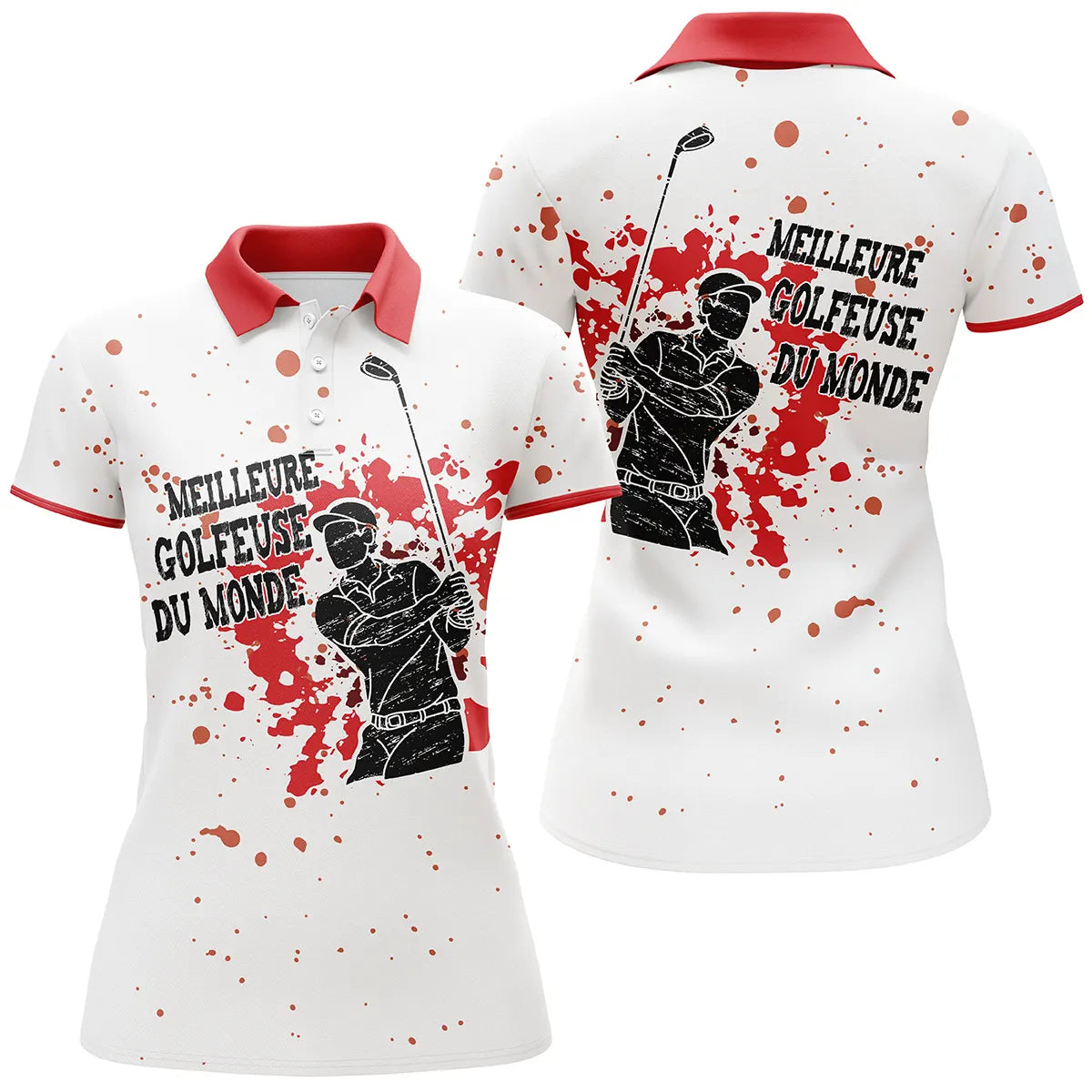 Polo golf femme blanc éclaboussures rouge silhouette golfeur swing slogan Meilleur Golfeur du Monde coupe cintrée