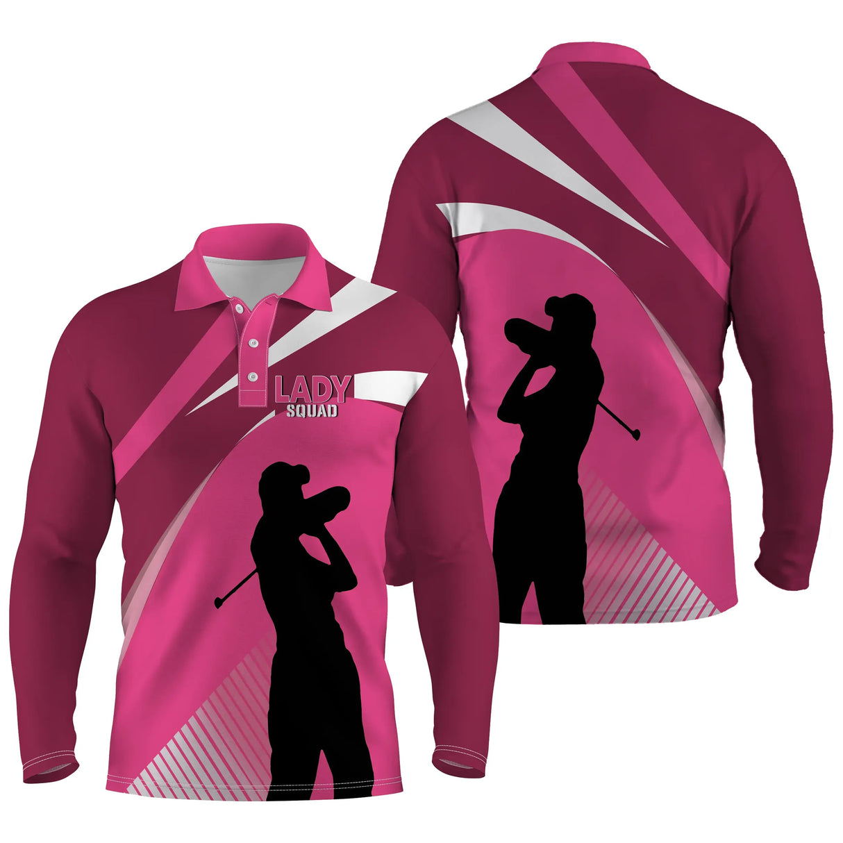 Polo manches longues golf unisexe rose vif deux silhouettes golfeuses swing Lady Squad tissu respirant