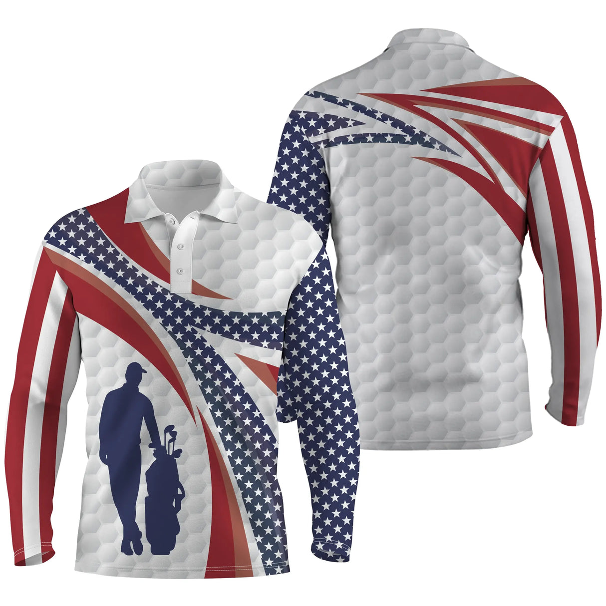 Polo manches longues golf unisexe blanc étoiles bandes rouges drapeau USA silhouette golfeur tissu respirant