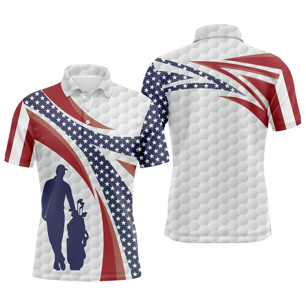 Polo golf homme blanc texture balle de golf étoiles bleu marine bandes rouges drapeau USA silhouette golfeur swing