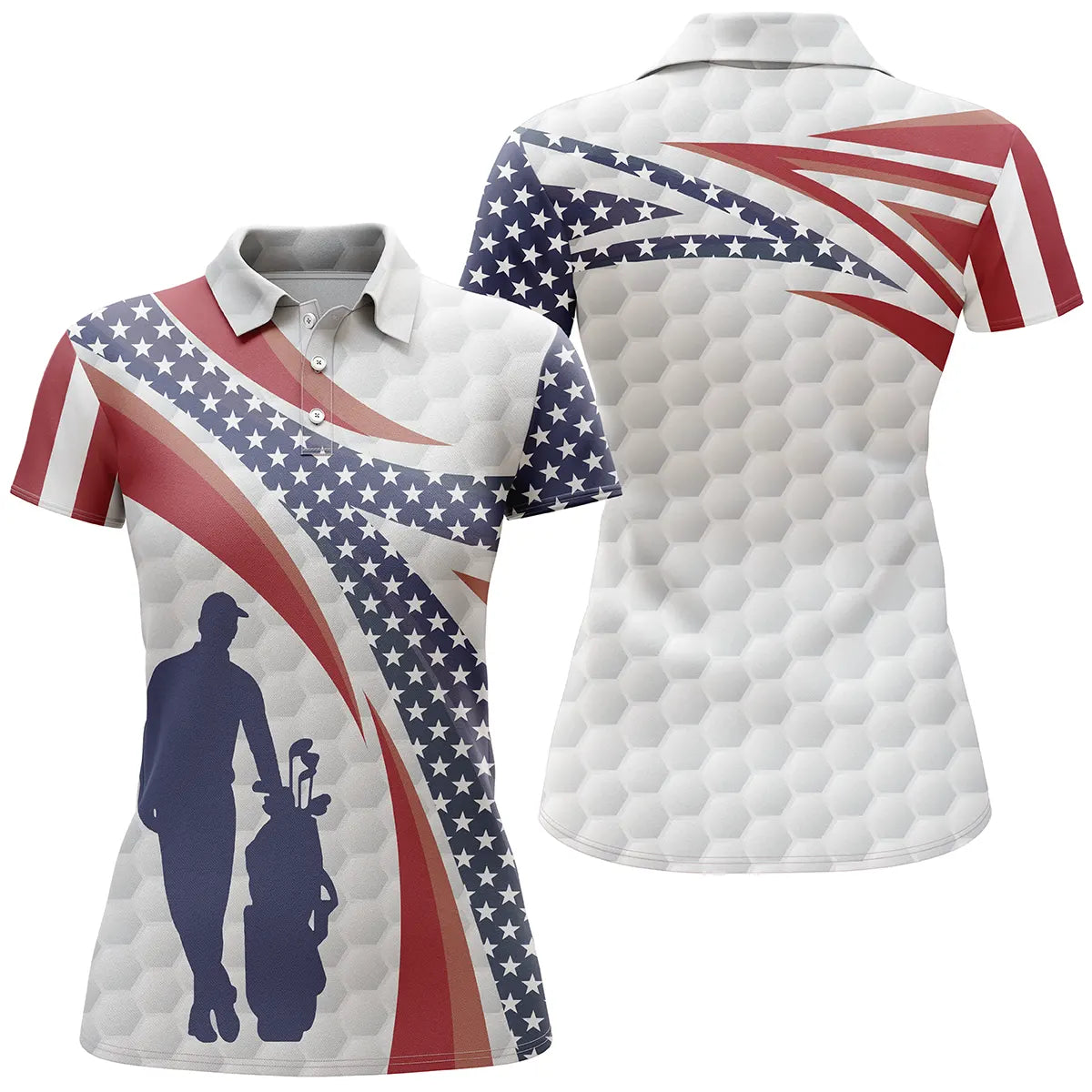 Polo golf femme blanc étoiles bleu marine bandes rouges drapeau USA silhouette golfeur coupe cintrée tissu respirant
