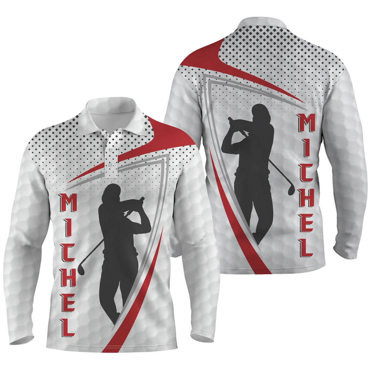 Polo manches longues golf unisexe blanc arcs rouge silhouettes golfeurs swing prénom personnalisé tissu respirant