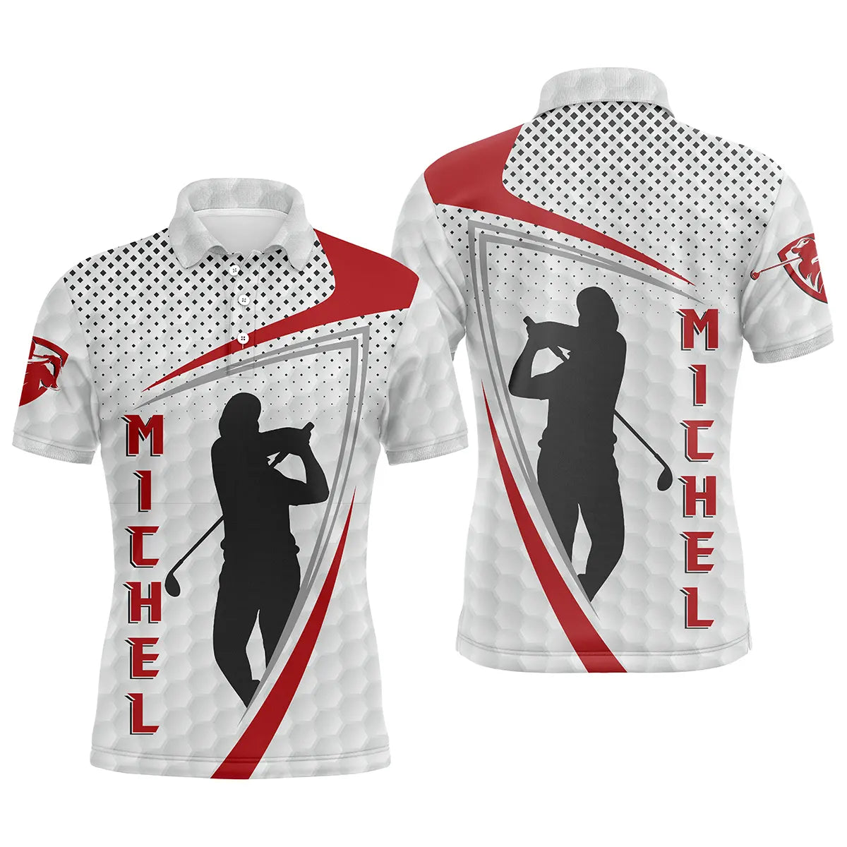 Polo golf homme blanc texture balle de golf arcs rouge écarlate deux silhouettes golfeurs swing prénom Michel central