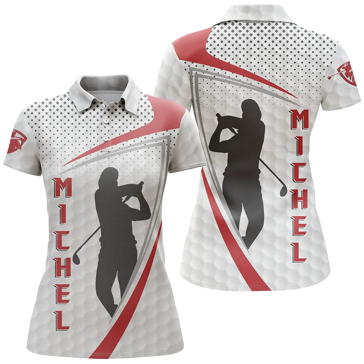 Polo golf femme blanc arcs rouge écarlate deux silhouettes golfeurs swing prénom personnalisé coupe cintrée tissu respirant