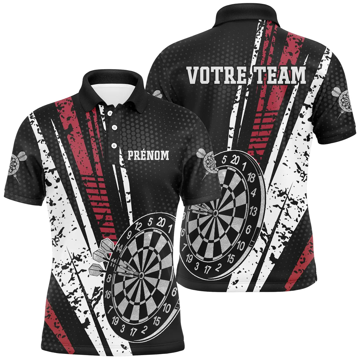 Polo fléchettes noir blanc rouge homme avec cibles style urbain Darts, prénom et équipe personnalisés