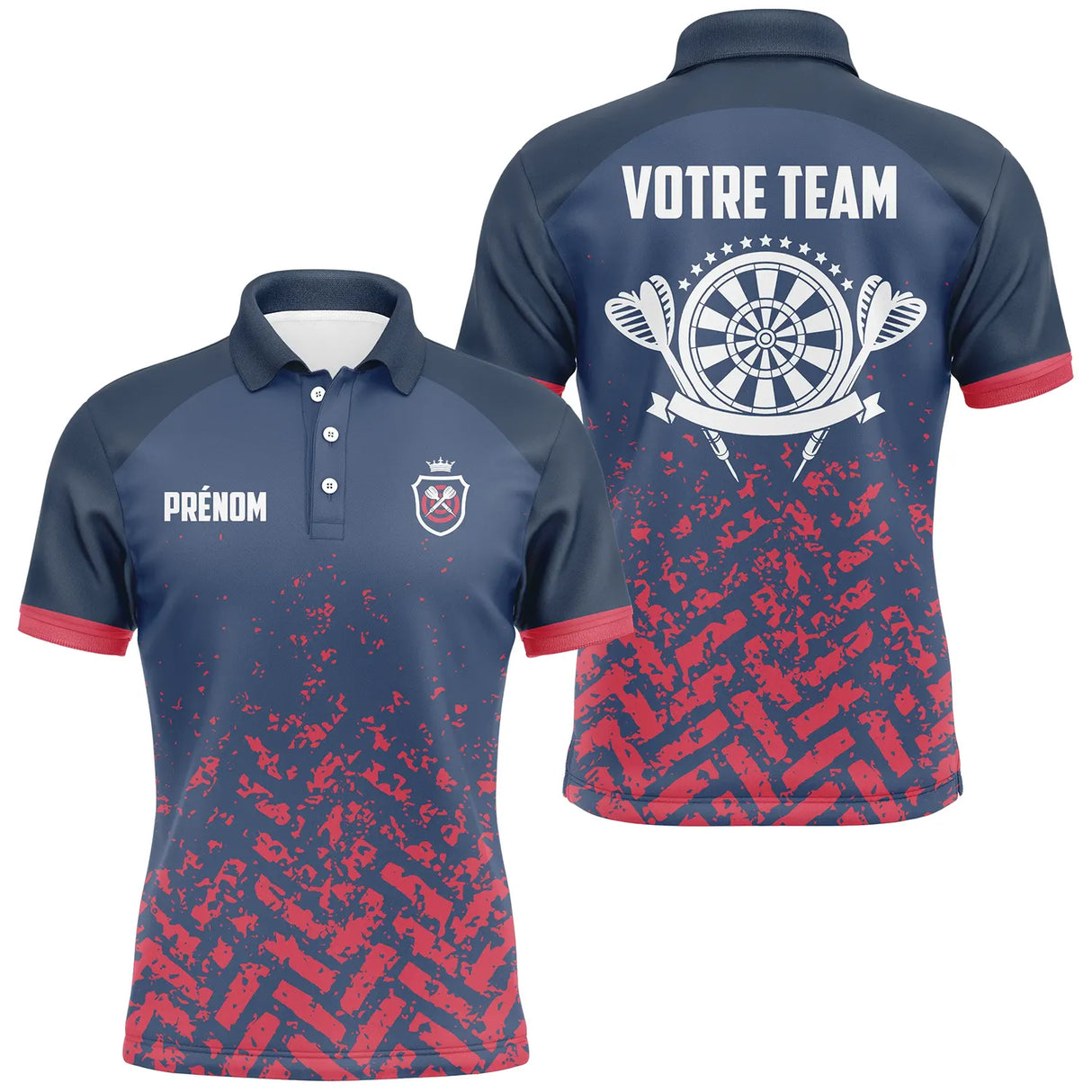 Polo fléchettes navy et rouge homme avec cibles dynamiques et éclats Darts, prénom et équipe personnalisés