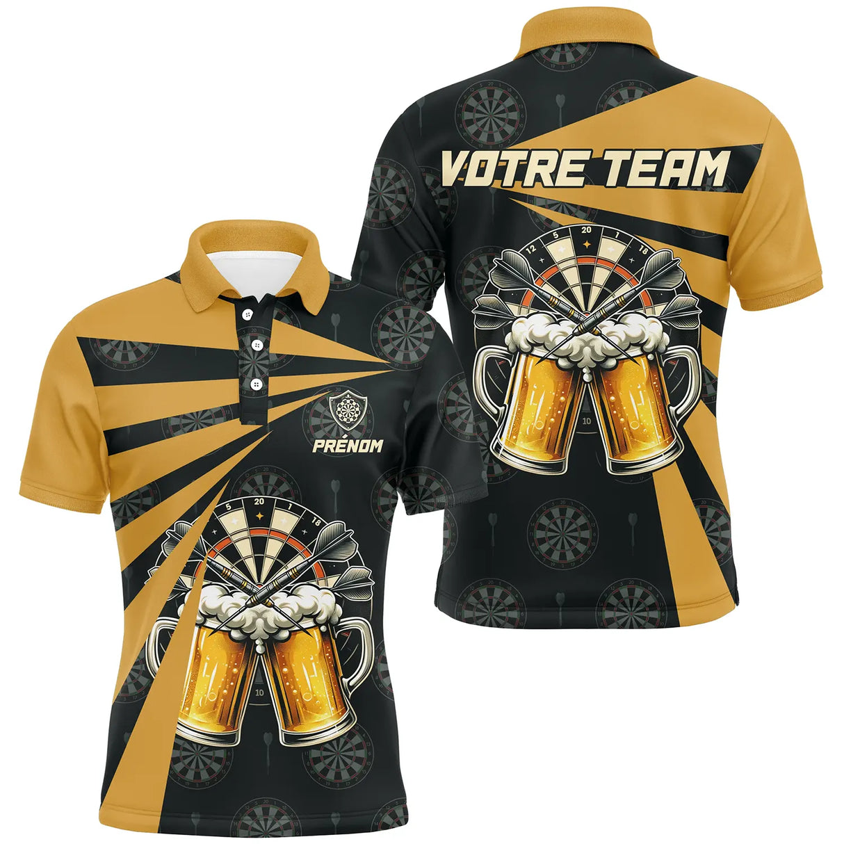 Polo fléchettes noir et or homme avec cibles et mugs de bière mousseux Darts Bière, prénom et équipe personnalisés