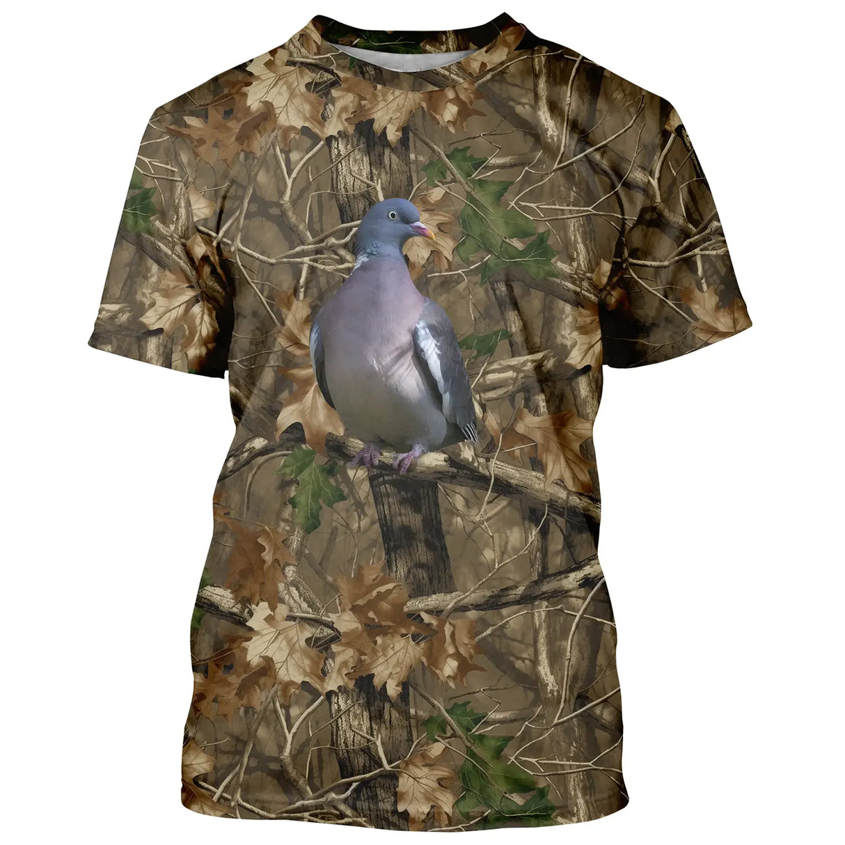 T-shirt chasse all-over camouflage forêt unisexe avec pigeon ramier sur branche feuillage automne