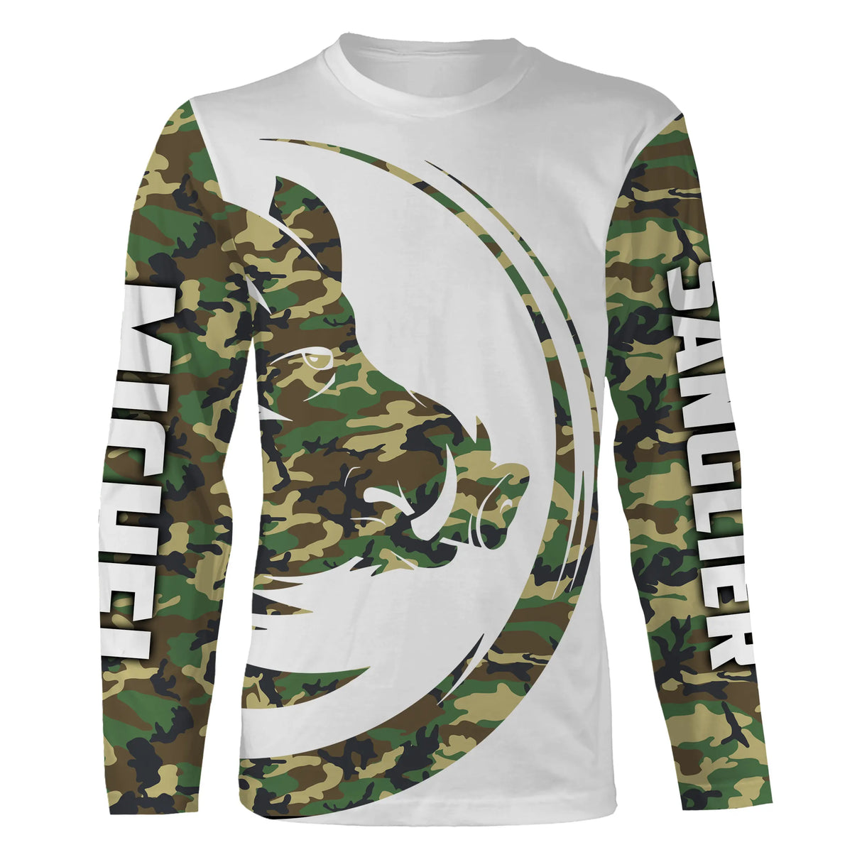 T-shirt chasse sanglier camo militaire vue de face, tête sanglier centrale et coupes unisexe disponibles personnalisable