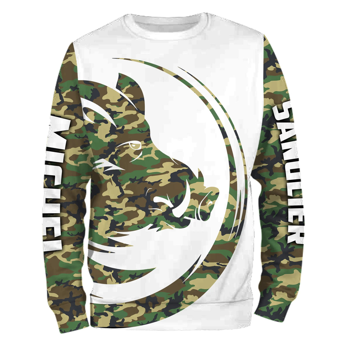 T-shirt all-over col rond chasse sanglier, design camouflage militaire et tête centrale, accessoire personnalisable chasseur