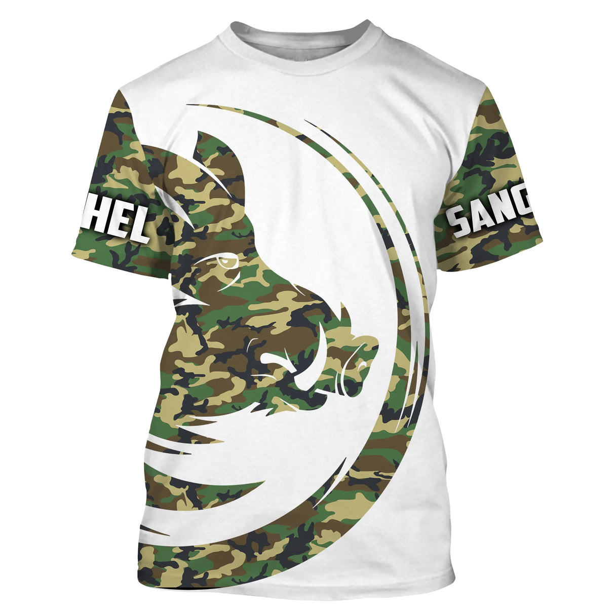 T-shirt chasse sanglier camouflage militaire vert et marron, tête de sanglier stylisée sur fond blanc avec courbes