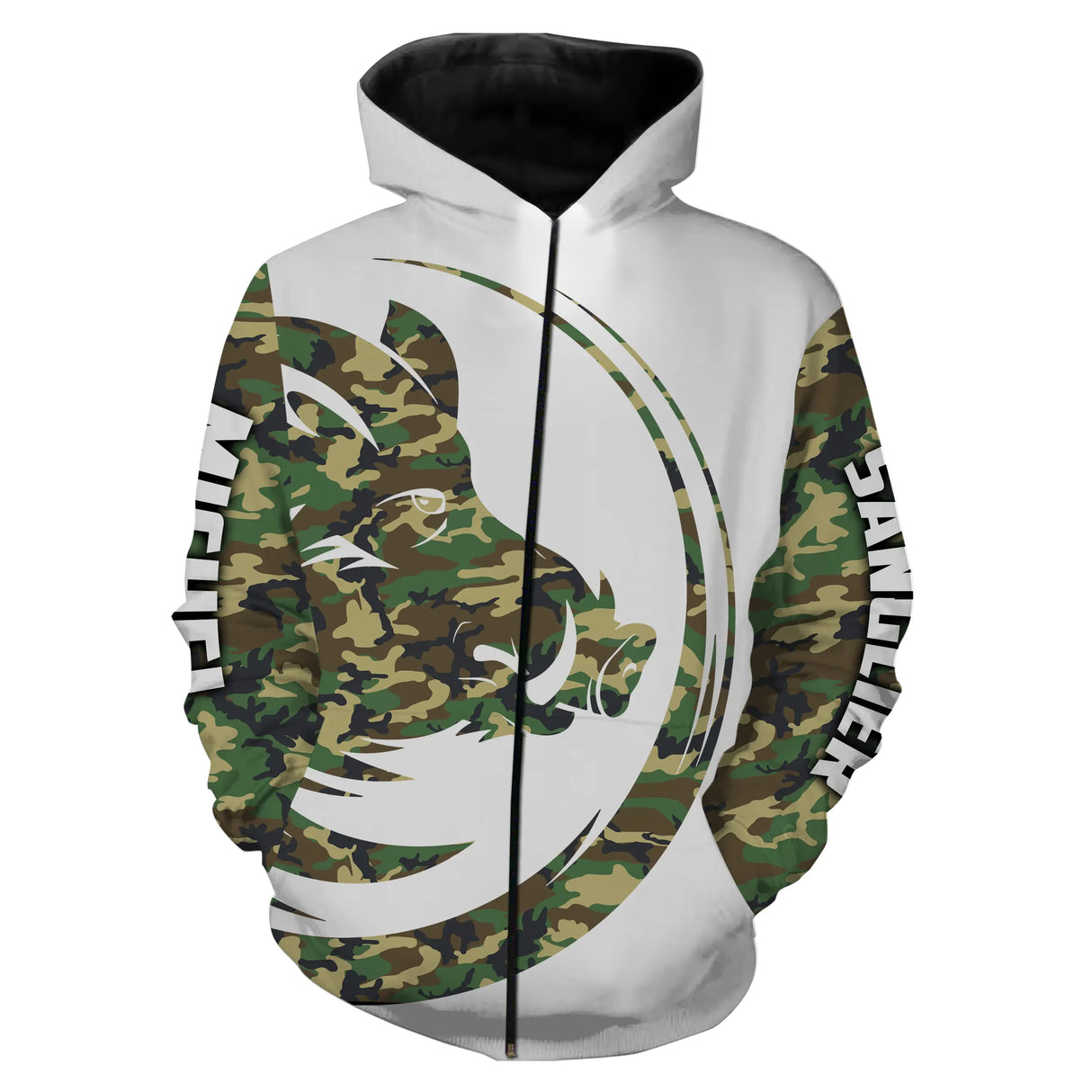 Sweat zippé chasse sanglier camouflage militaire, motif tête sanglier all-over, vêtement halieutique pour chasseur grand