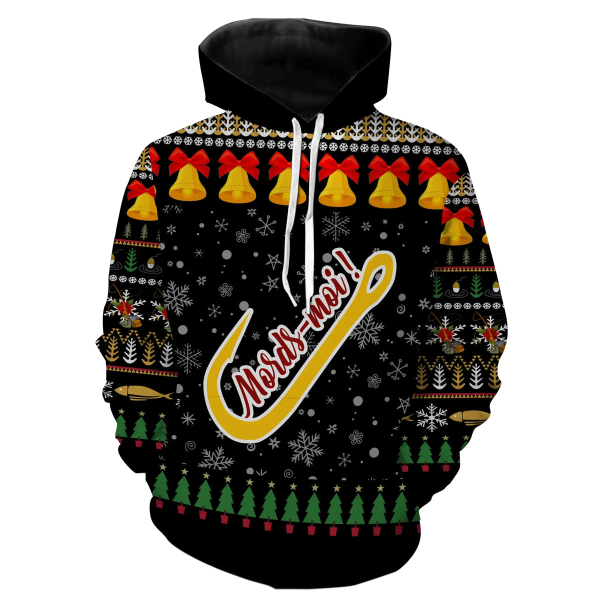 Sweat zippé Noël crochet pêche jaune et cloches jacquard, tenue festive humour pêcheur