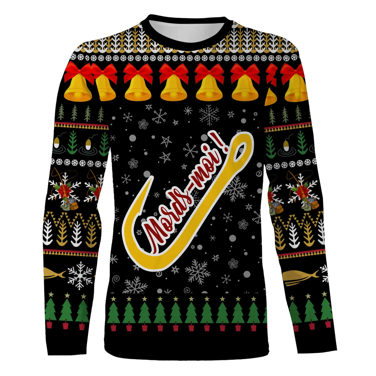 Sweater Noël Mords-moi crochet pêche jacquard noir, coupe unisexe humour décalé pour famille