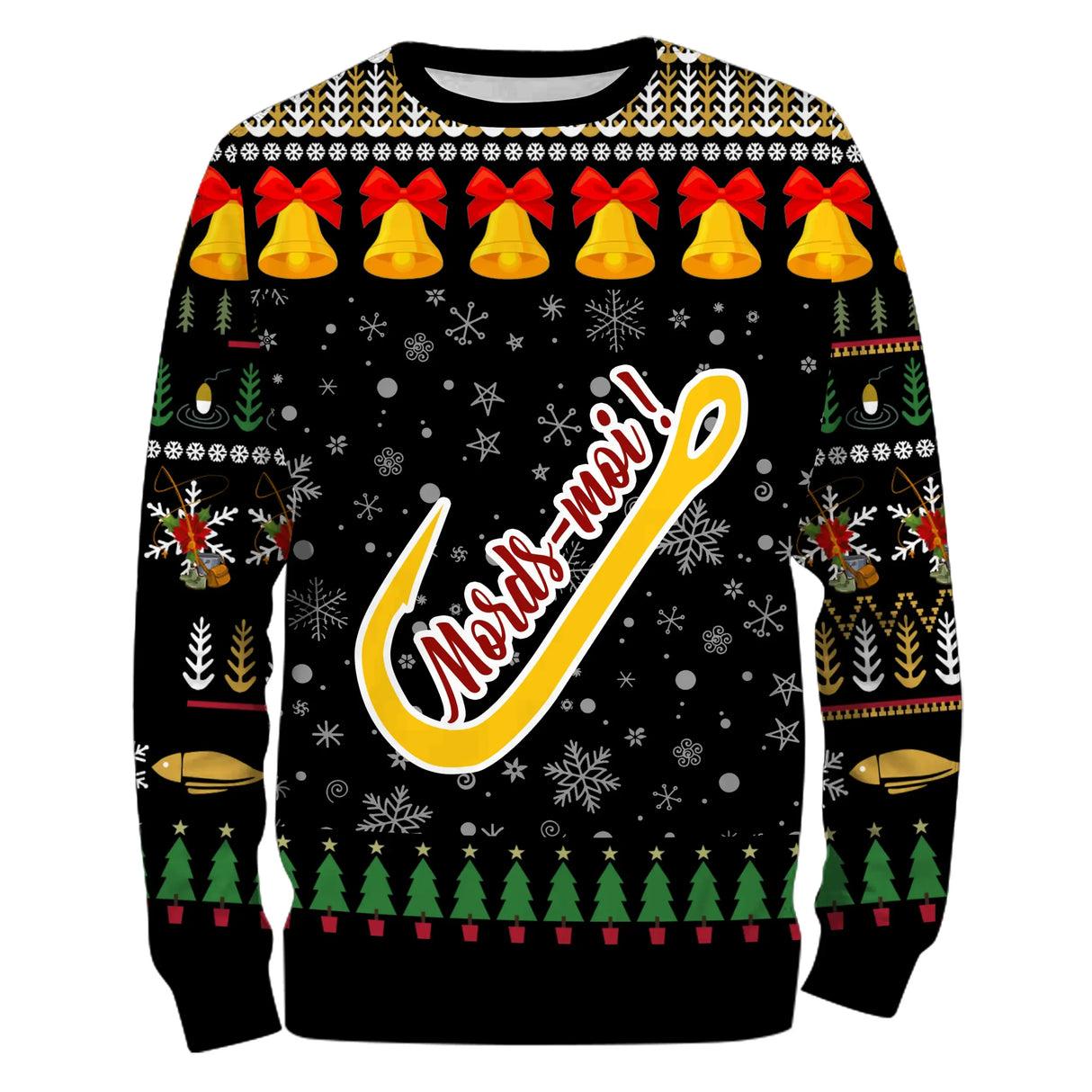 Sweat à capuche Noël Mords-moi crochet jaune, design ugly christmas sweater humoristique