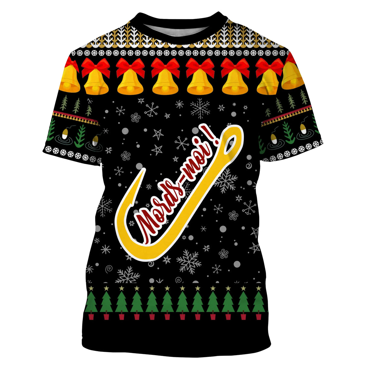 Pull Noël Mords-moi noir avec gros crochet de pêche jaune et lettrage manuscrit rouge, motifs jacquard cloches
