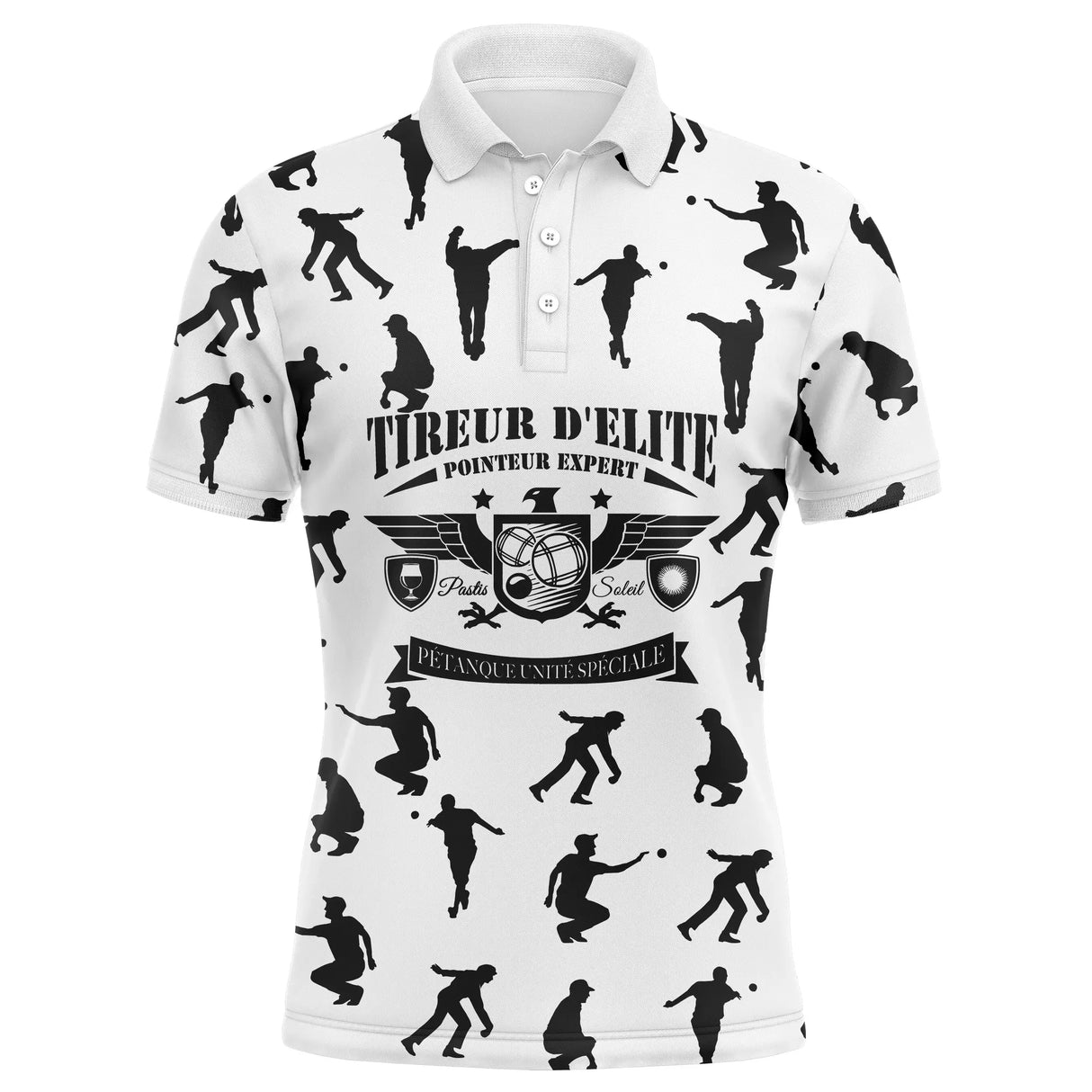 Polo pétanque blanc all-over silhouettes noires joueurs en lancer message tireur d'élite pointeur expert unité spéciale