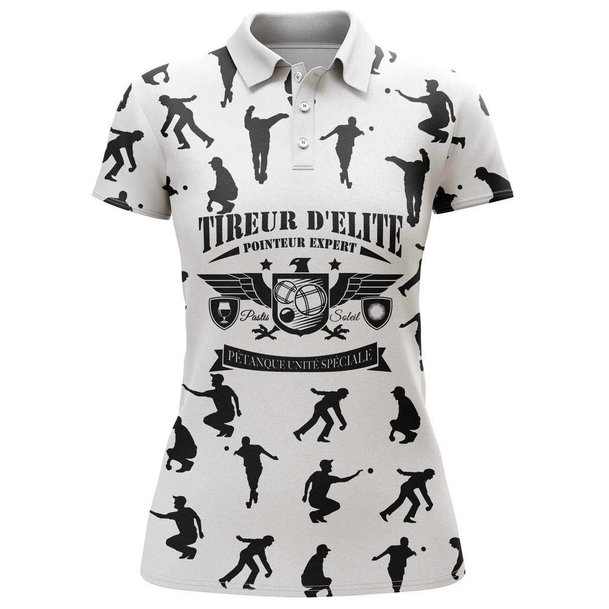 Polo pétanque blanc all-over vue dos message tireur élite pointeur expert silhouettes joueurs