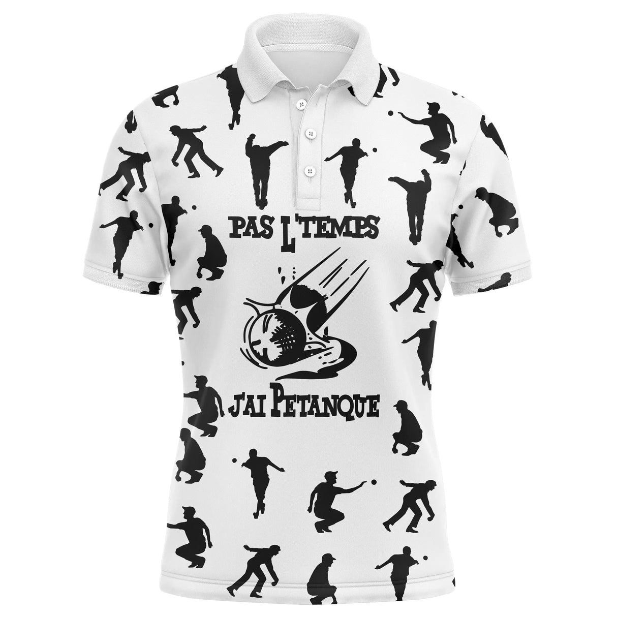 Polo pétanque blanc avec silhouettes boulistes répétées et lettrage Pas l'temps j'ai pétanque rouge