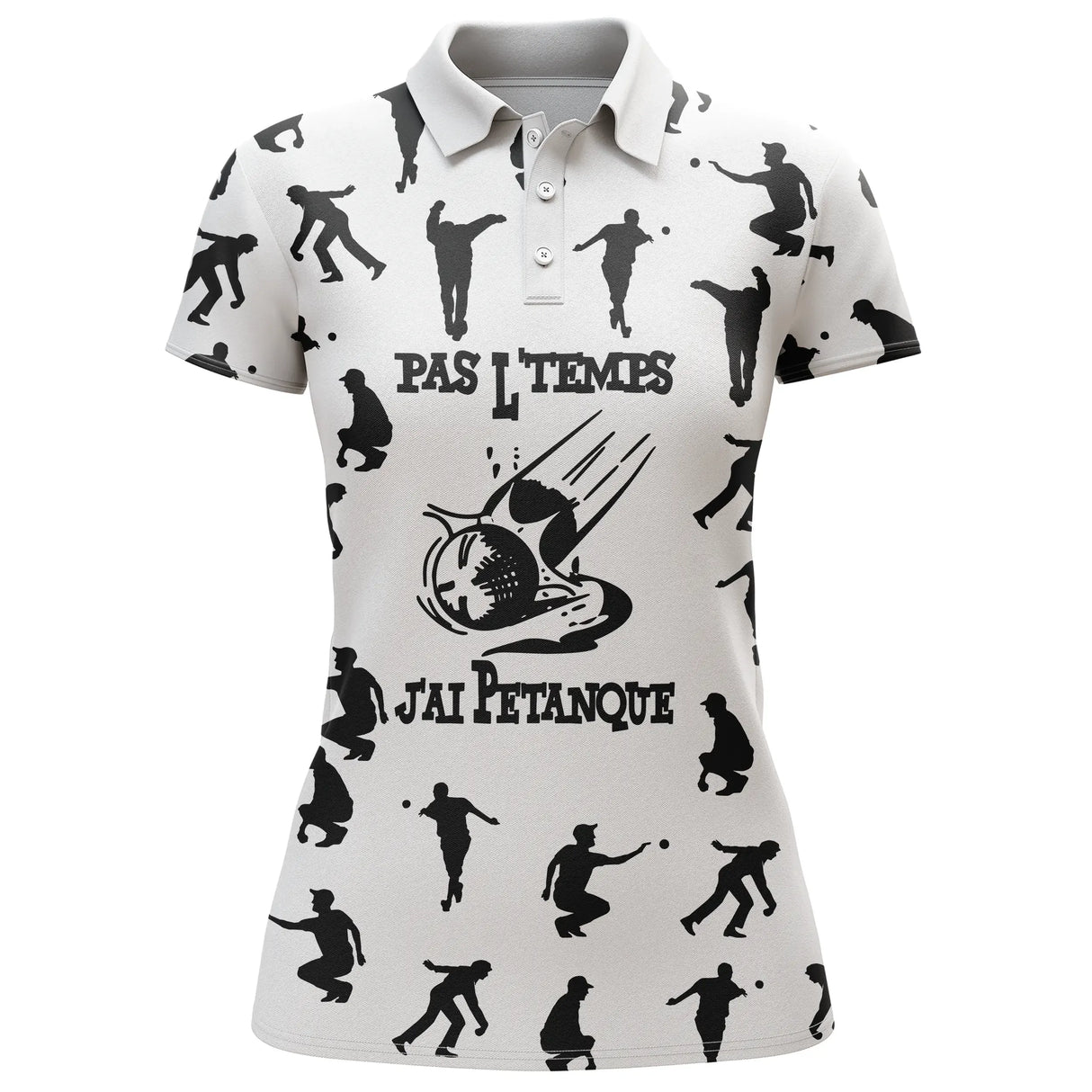 Polo pétanque homme femme manches courtes blanc humour, design bouliste pas le temps pour club