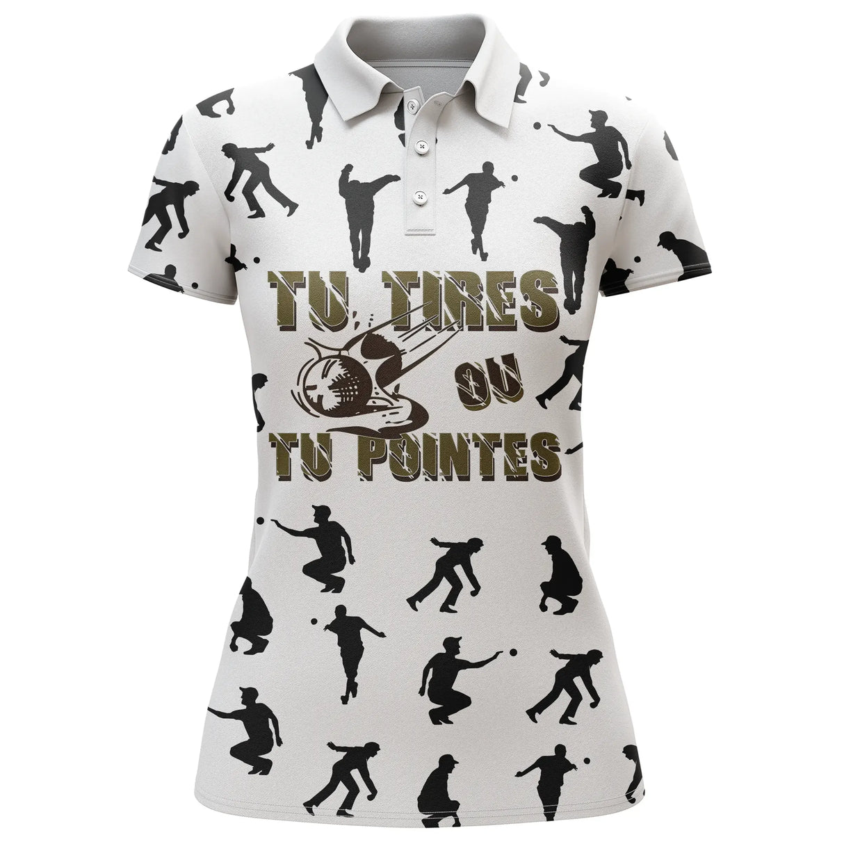 Polo pétanque homme femme manches courtes blanc humour Tu Tires, design bouliste pour club
