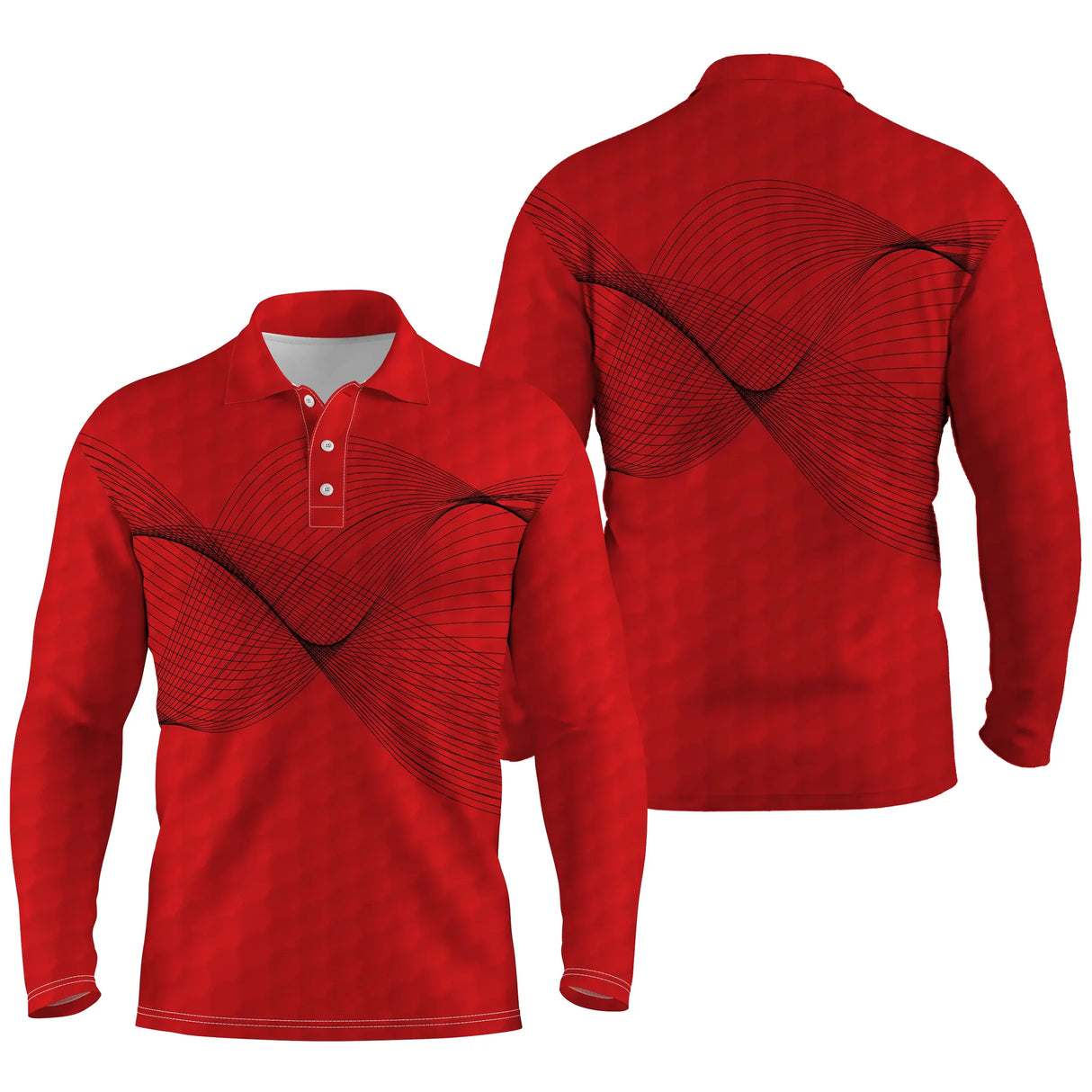 Polo manches longues golf unisexe rouge écarlate onde sonore noire dynamique tissu respirant léger