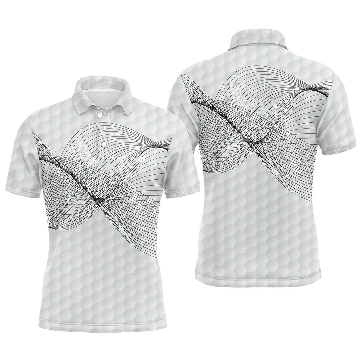 Polo golf homme blanc texture balle de golf onde sonore noire dynamique épaule arc devant coupe ajustée séchage rapide