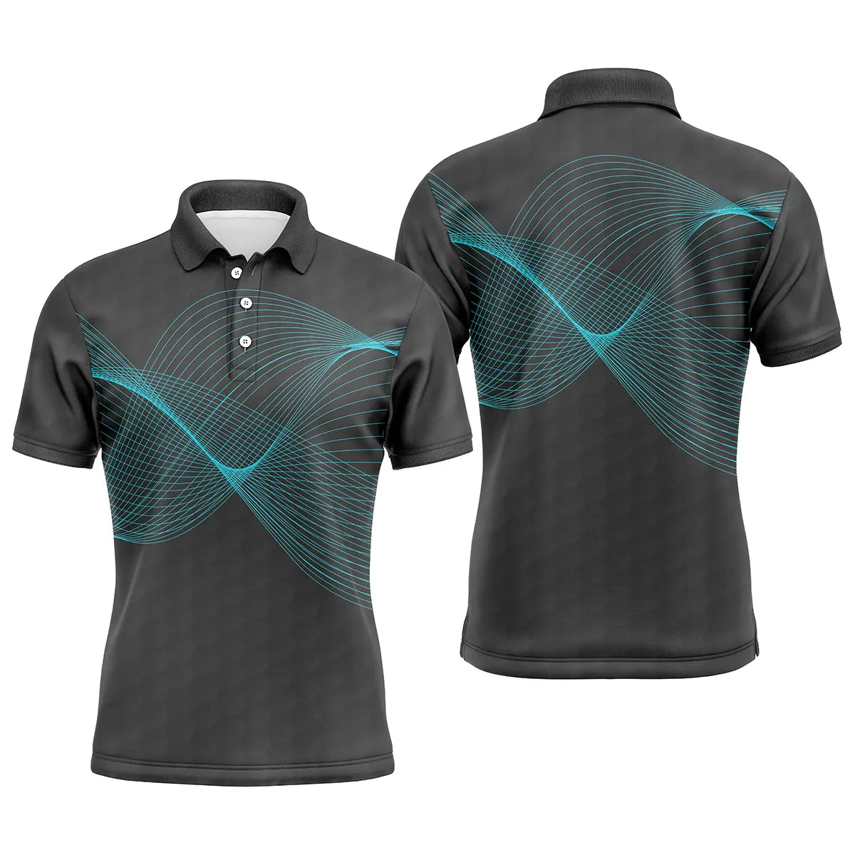 Polo golf homme turquoise intense onde sonore lumineuse épaule arc dynamique coupe ajustée séchage rapide