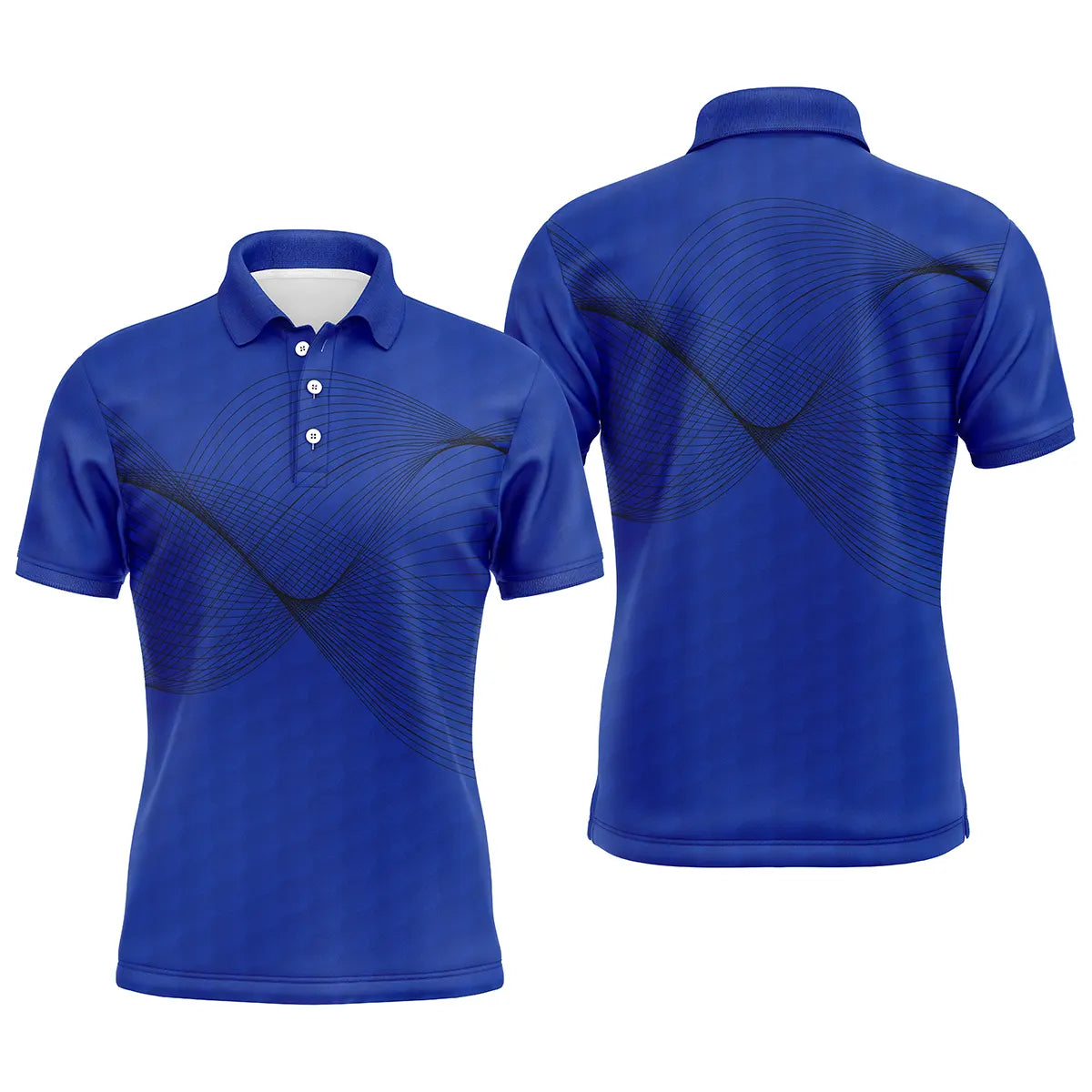 Polo golf homme bleu royal onde sonore noire dynamique épaule arc devant coupe ajustée séchage rapide