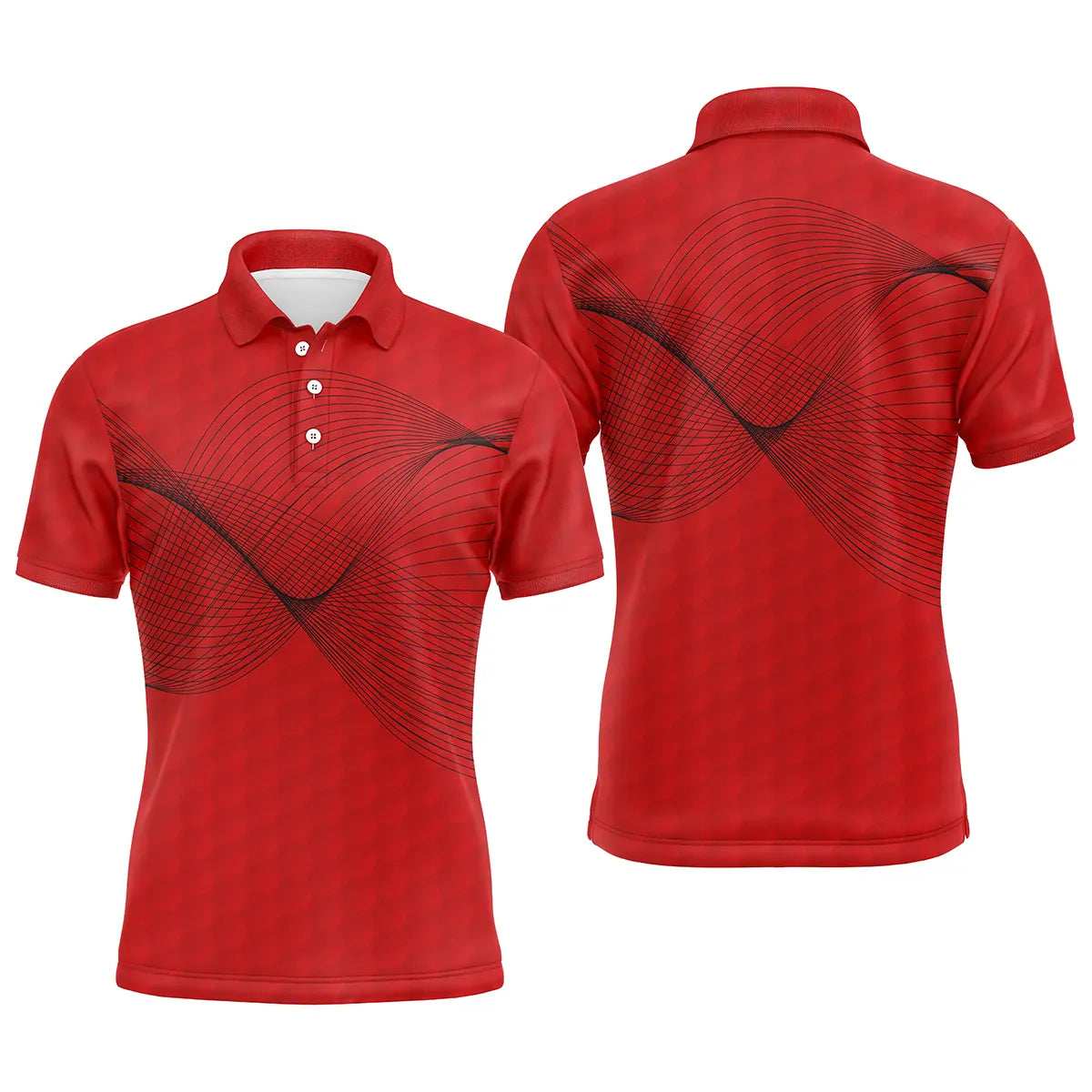 Polo golf homme rouge écarlate onde sonore noire dynamique épaule arc devant coupe ajustée séchage rapide