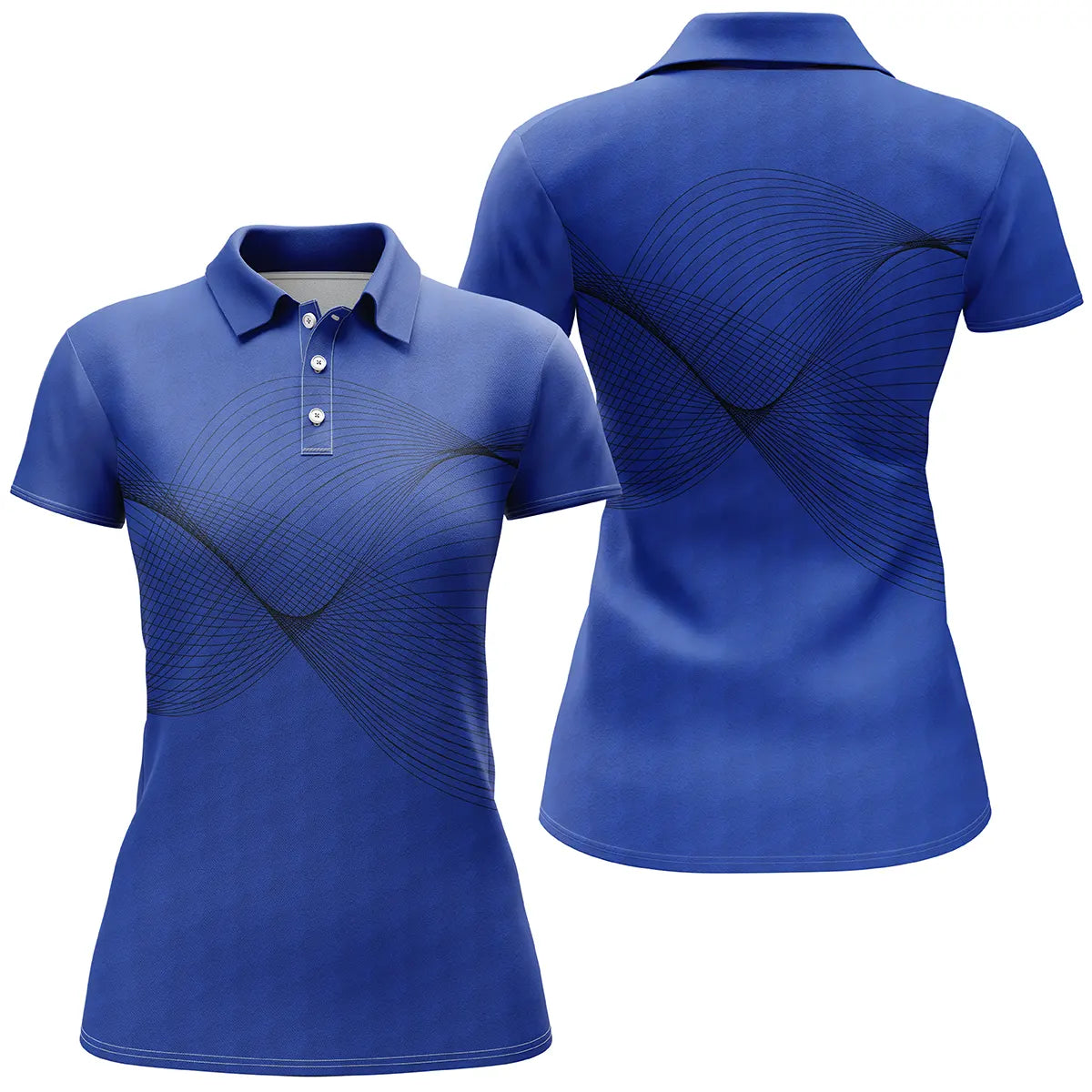 Polo golf femme bleu royal onde sonore noire dynamique coupe cintrée tissu respirant léger
