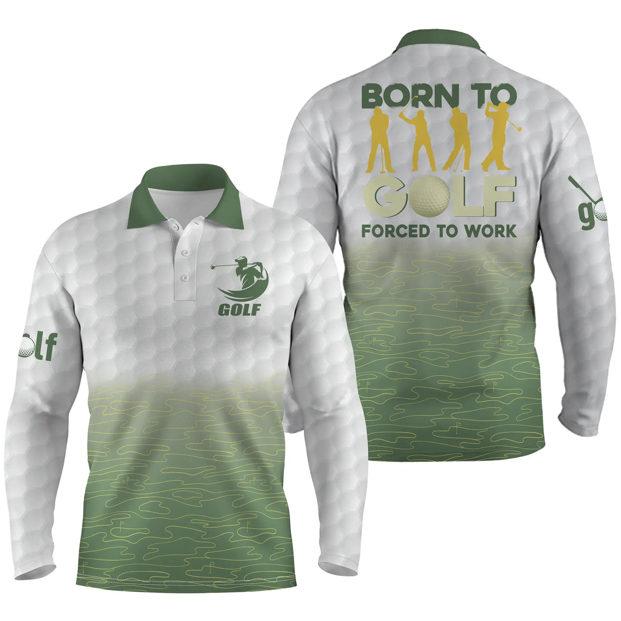 Polo manches longues golf unisexe blanc dégradé vert silhouettes golfeurs slogan Born to Golf Forced to Work tissu respirant