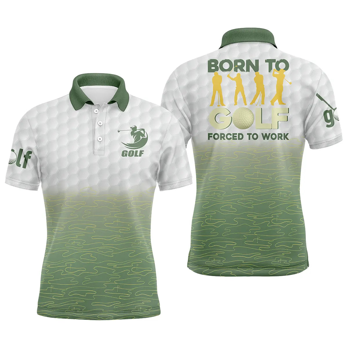 Polo golf homme blanc texture balle dégradé vert prairie cinq silhouettes golfeurs colorés slogan Born to Golf Forced Work